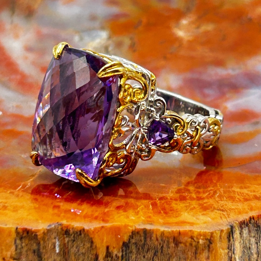 Large Sterling Silver Amethyst Ring w/ Gold Dipped Accenting - Size 9